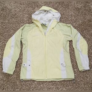Women's Columbia M Hooded Windbreaker Jacket Snap Pockets Green Yellow